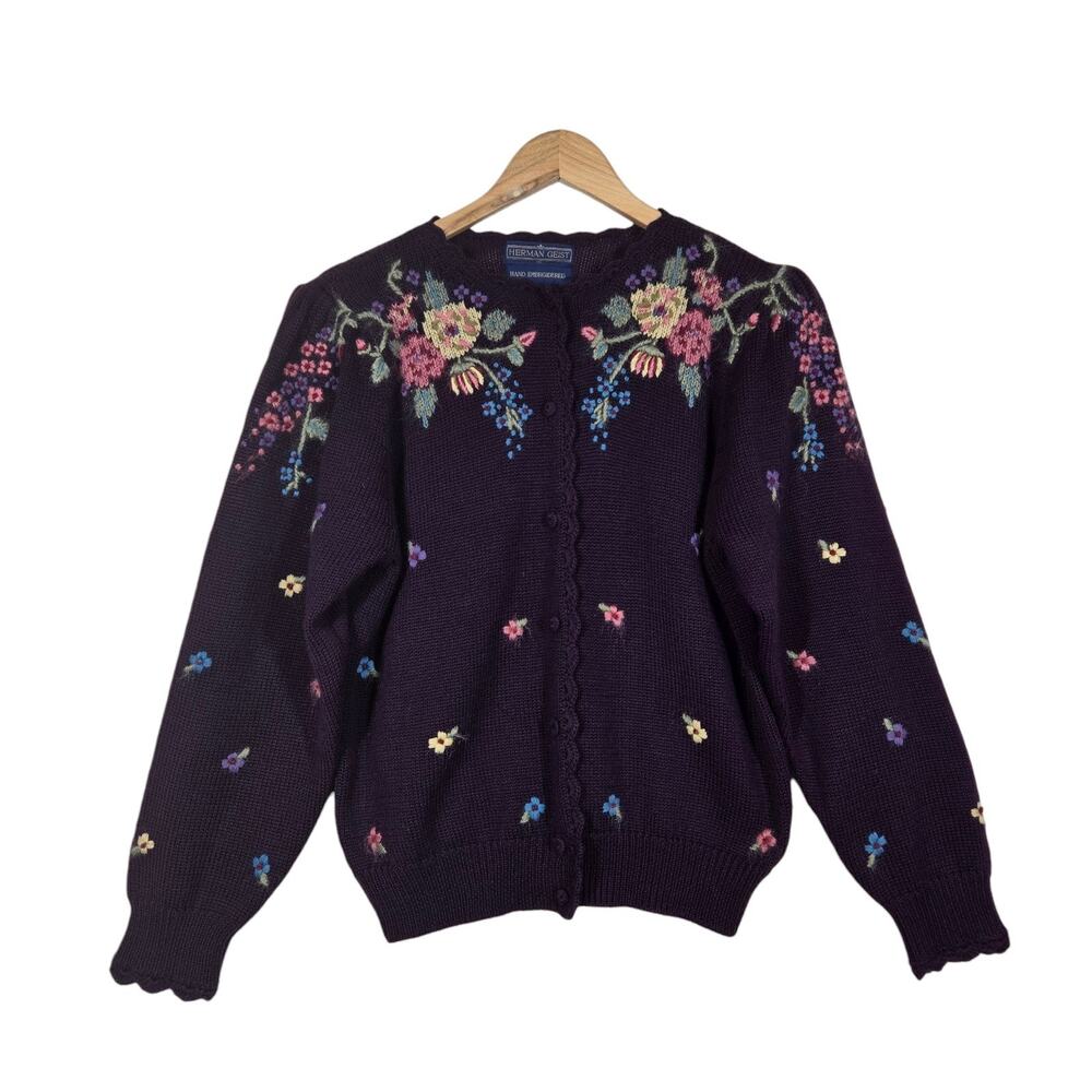 Vintage 80s Herman Geist Cardigan Hand Embroidered Sweater M Purple Cottagecore